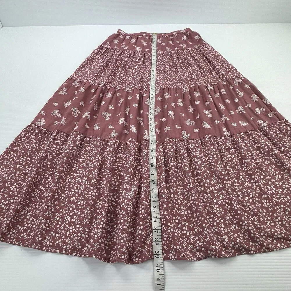 Sincerely Jules Maxi Skirt Large Pink Floral Tiered Boho Rayon Lined Cottagecore